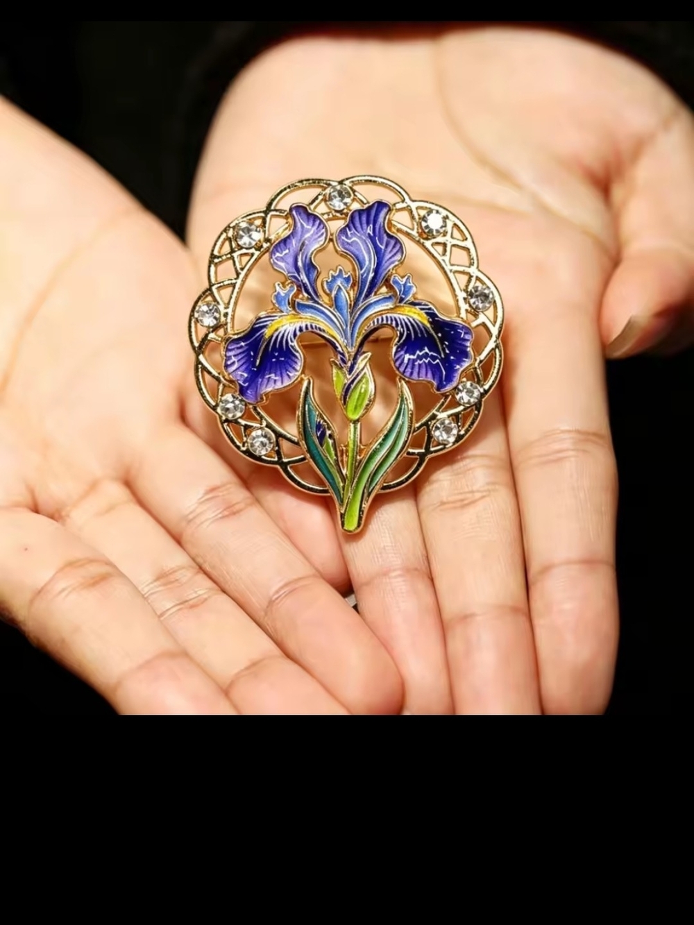 Enamel Iris Floral Brooch - Purple & Green